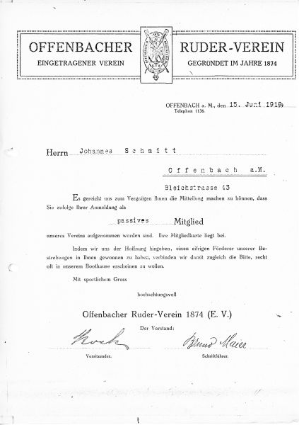 1919 – Mitgliedsbestätigung Johannes Schmitt
