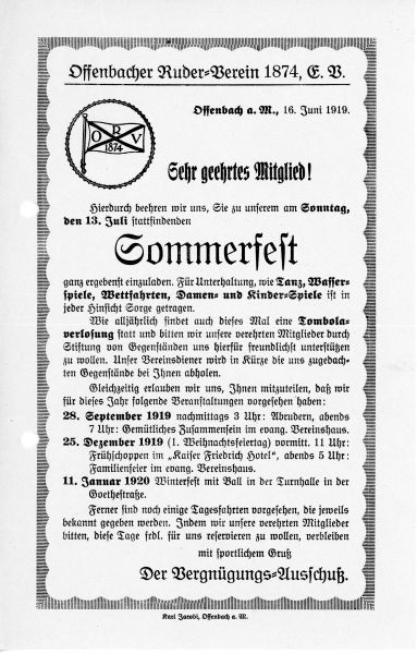 1919 – Einladung und Programm Sommerfest